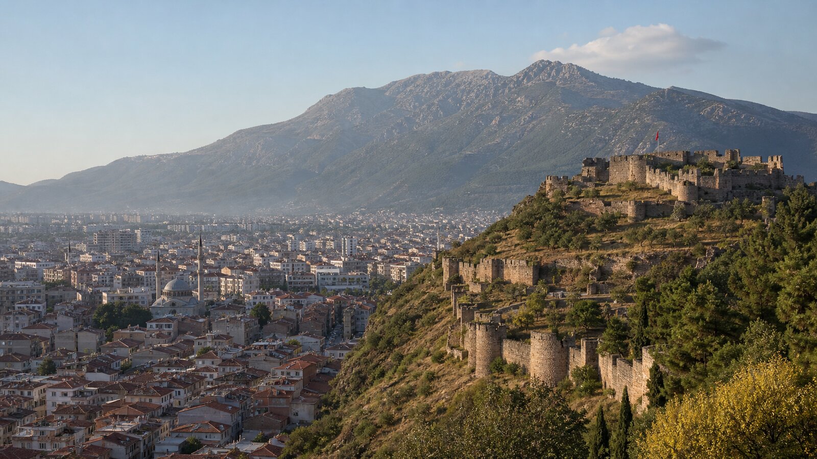Spil Dağı eteğinde Manisa Kalesi ve şehir manzarası