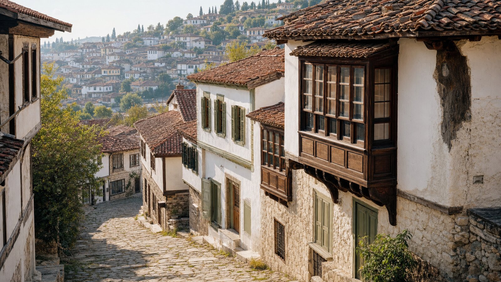 Muğla'nın geleneksel cumbalı taş evleriyle örülü dar sokağı